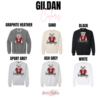 Rossville Bulldawgs Jersey Dawg Gildan crewneck in graphite heather, sand, black, sport grey, ash grey, and white
