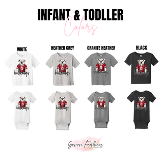 Rossville Bulldawgs Jersey Dawg infant and toddler tee and onesie in white, heather grey, granite heather, and black

