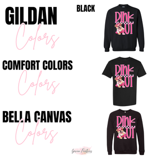 Rossville Bulldawgs Pink Out Mascot Top shown in black on Gildan, Comfort Colors, and Bella Canvas blanks