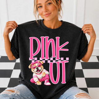 Rossville Bulldawgs Pink Out Mascot Top - black tee with Pink Out bubble lettering, checkered stripe, and cartoon bulldog mascot in sunglasses and pink tracksuit