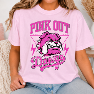 Woman wearing pink Rossville Bulldawgs Pink Out Top with bulldog head and Dawgs script graphic