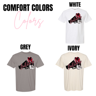 Rossville Bulldawgs Rally Call Comfort Colors tees in white, grey, and ivory with Bulldawgs megaphone design
