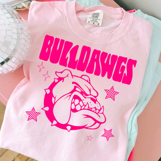 Rossville Bulldawgs Retro Star Pink Top blossom Comfort Colors tee close up with disco ball and pink background
