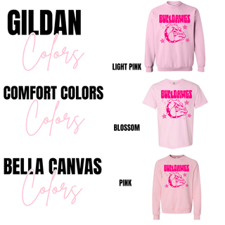 Rossville Bulldawgs Retro Star Pink Top in Gildan light pink crewneck, Comfort Colors blossom tee, and Bella Canvas pink crewneck
