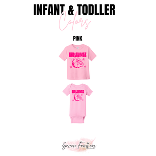 Rossville Bulldawgs Retro Star Pink Top infant onesie and toddler tee in pink with hot pink Bulldawgs design
