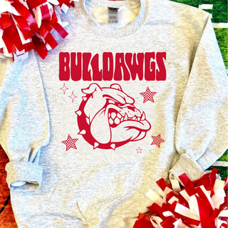 Rossville Bulldawgs Retro Star Top ash grey crewneck with red and white pom poms on turf
