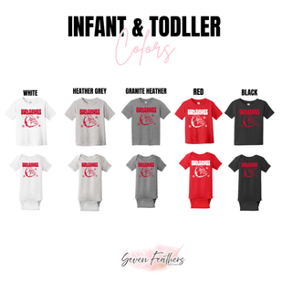 Rossville Bulldawgs Retro Star Top infant onesie and toddler tee in white, heather grey, granite heather, red, and black
