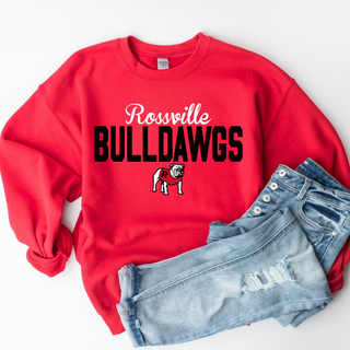 red crewneck sweatshirt flat lay with jeans featuring script rossville, black bulldawgs text, and bulldog mascot wearing red R jersey