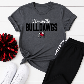 dark heather tee with rossville bulldawgs script mascot game day design, styled with black sweatpants and white sneakers
