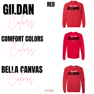 style options for rossville bulldawgs script mascot design: tee, long sleeve, crewneck, and hoodie shown