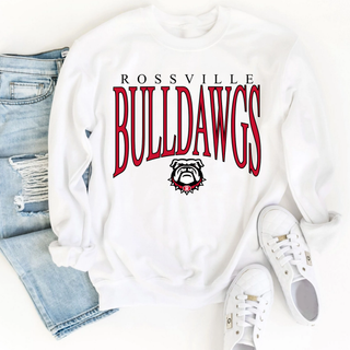 White Rossville Bulldawgs Signature crewneck with Rossville Bulldawgs text and bulldog mascot styled with denim
