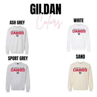 Rossville Dawgs Bold Red Classic Gildan crewneck in ash grey, white, sport grey and sand
