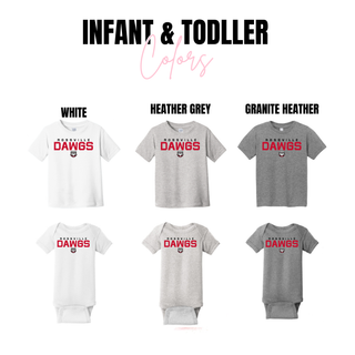 Rossville Dawgs Bold Red Classic infant tee and onesie in white, heather grey and granite heather
