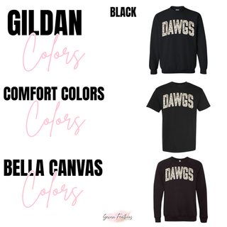 Rossville Dawgs Camo Block on black Gildan crewneck, Comfort Colors tee, and Bella Canvas crewneck showing all garment options
