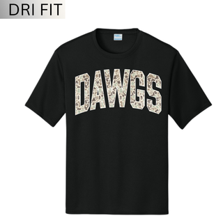 Black dri-fit performance shirt with camo Dawgs block lettering across the chest on white background
