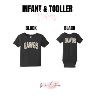 Rossville Dawgs Camo Block infant tee and onesie in black with distressed camo Dawgs lettering on front

