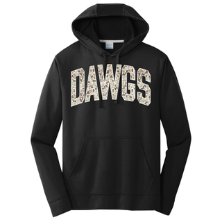 Black performance pullover hoodie with camo Dawgs block lettering across the chest on white background
