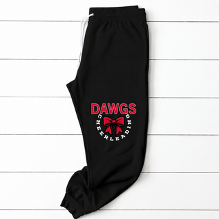 black youth jogger sweatpants with rossville dawgs cheerleading bow circle design, flat lay showing left leg graphic detail

