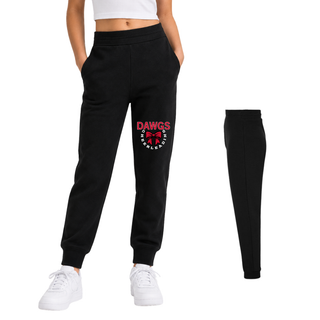 black youth jogger sweatpants with rossville dawgs cheerleading bow circle design on left leg, shown front and back view
