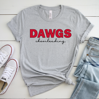 Athletic heather tee with DAWGS red block letters and cheerleading script, adult unisex
