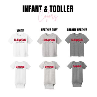 Rossville Dawgs Cheerleading Shirt infant bodysuit and toddler tee in white, heather grey, granite heather