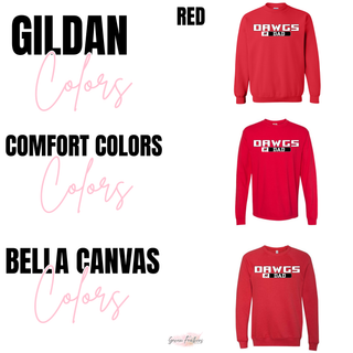 Rossville Dawgs Dad graphic top in red showing Gildan crewneck, Comfort Colors long sleeve, and Bella Canvas crewneck
