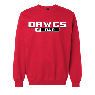 Red Rossville Dawgs Dad crewneck with Dawgs in white letters and Dad in black banner with Rossville bulldog mascot
