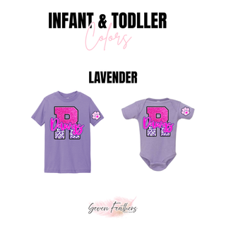 Rossville Dawgs faux-glitter leopard R design shown on Infant and Toddler garments in Lavender