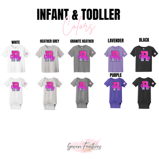 Infant and toddler tops in shown colors with the Rossville Dawgs faux pink glitter and leopard-print R design