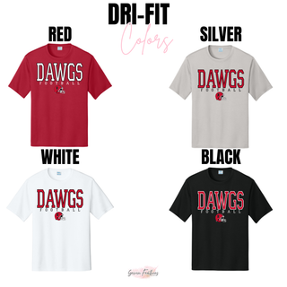 Rossville Dawgs Football Game Time dri-fit performance top in red, silver, white, and black with Dawgs Football helmet graphic
