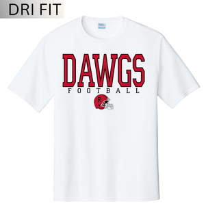 White dri-fit performance shirt with Dawgs Football text and Rossville red football helmet graphic on white background
