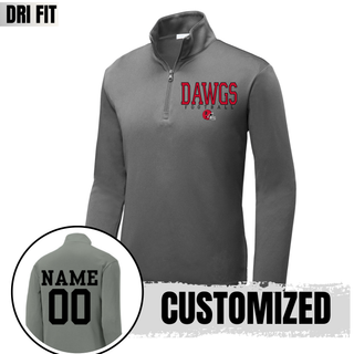 Grey dri-fit performance quarter zip with Dawgs Football and Rossville helmet graphic, custom name and number on back
