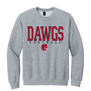 Sport grey crewneck sweatshirt with Dawgs Football text and Rossville red helmet graphic in red and black
