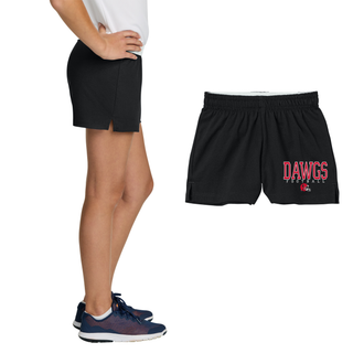 Women's black jersey knit squad shorts with Dawgs Football and Rossville helmet shown on model and flat lay
