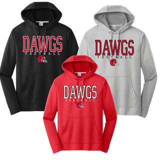 Rossville Dawgs Football Game Time performance hoodie shown in black, silver, and red with helmet graphic
