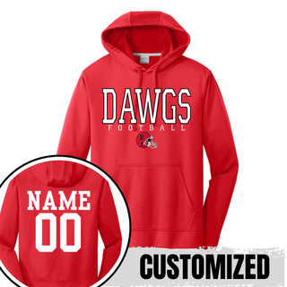 Red performance hoodie with Dawgs Football Rossville helmet design on front, personalized name and number on back
