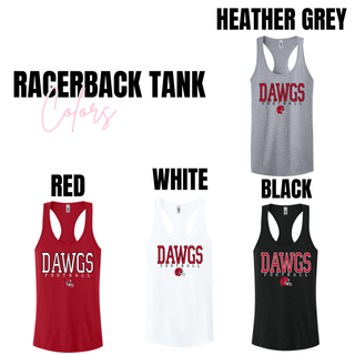 Rossville Dawgs Football Game Time women's racerback tank color options in heather grey, red, white, and black
