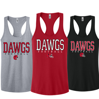 Rossville Dawgs Football Game Time women's racerback tank in heather grey, red, and black with Dawgs Football design
