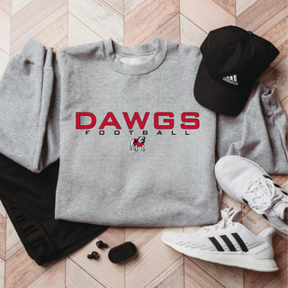 Athletic Heather Rossville Dawgs Football crewneck sweatshirt flat lay with red DAWGS text, black FOOTBALL letters, and graphic