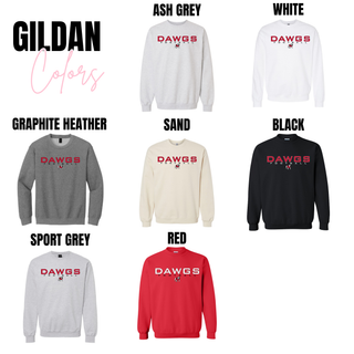 Gildan Rossville Dawgs Football crewneck colors in Ash Grey White Graphite Heather Sand Black Sport Grey and Red