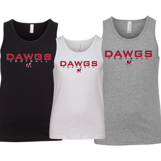 three jersey tanks shown: black, white, and athletic heather, each with Rossville Dawgs football chest design featuring red DAWGS text, black FOOTBALL text, and bulldog mascot