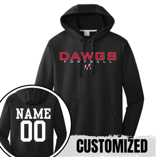 front and back view of black performance hoodie: front shows red DAWGS football chest design with bulldog mascot, back shows customizable NAME and 00 in white