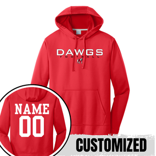 front and back view of red performance hoodie: front shows white DAWGS football chest design with bulldog mascot, back shows customizable NAME and 00 in white