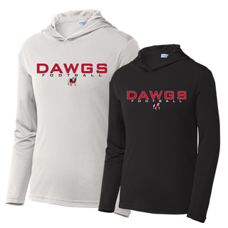 two posicharge competitor hoodies shown: silver and black, each with Rossville Dawgs football chest design featuring red DAWGS text, black FOOTBALL text, and bulldog mascot