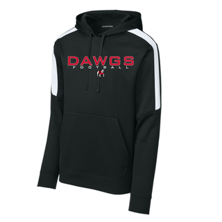 black sport-wick fleece hoodie with white sleeve stripe featuring DAWGS football chest design with red DAWGS text, white FOOTBALL text, and bulldog mascot
