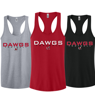 three womens racerback tanks shown: heather grey, red, and black, each with DAWGS football chest design featuring DAWGS text, FOOTBALL text, and bulldog mascot