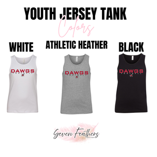 youth jersey tank color options for Rossville Dawgs football design: white, athletic heather, and black with red DAWGS text and bulldog mascot