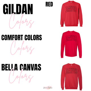 Rossville Dawgs Hardline on red Gildan crewneck, Comfort Colors long sleeve, and Bella Canvas crewneck
