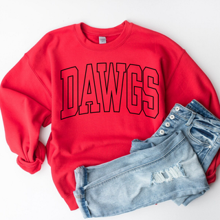Red crewneck with bold black outlined Dawgs Hardline block lettering, flat lay styled with distressed denim jeans on white background
