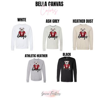 Rossville Dawgs Jersey Bella Canvas crewneck in white, ash grey, heather dust, athletic heather, and black

